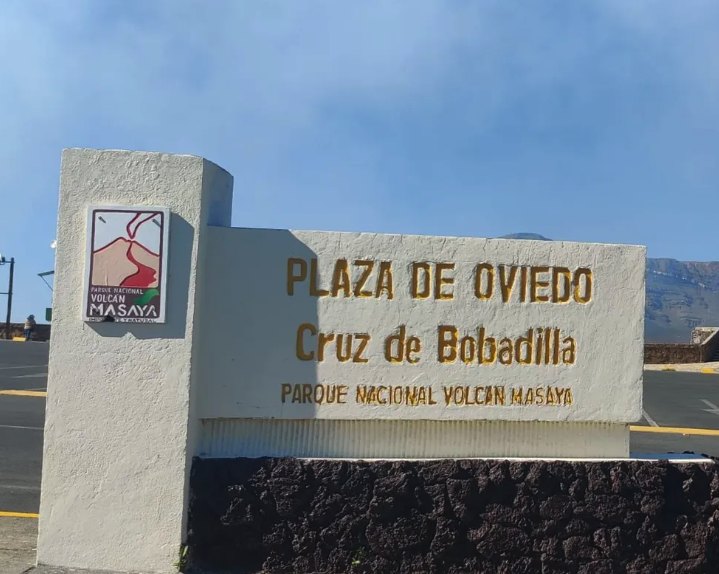 The Plaza de Oviedo sign at Masaya Volcano National Park marking the Cruz de Bobadilla